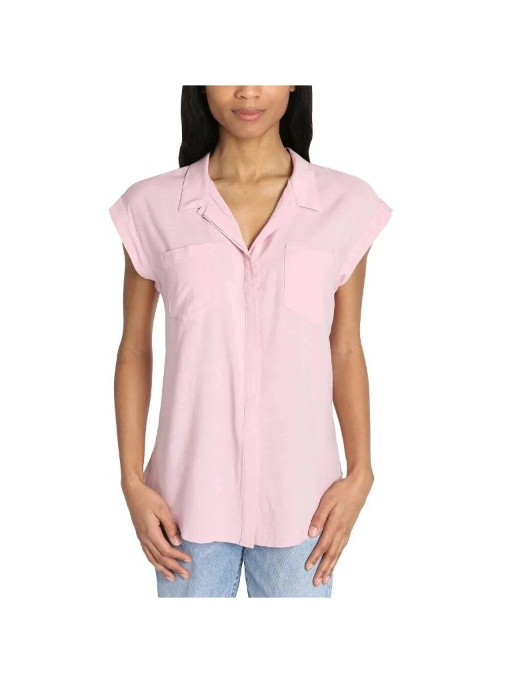 Jacks Girlfriend Women's L Pink Sleeveless Button-Down Shirt Rayon M1157